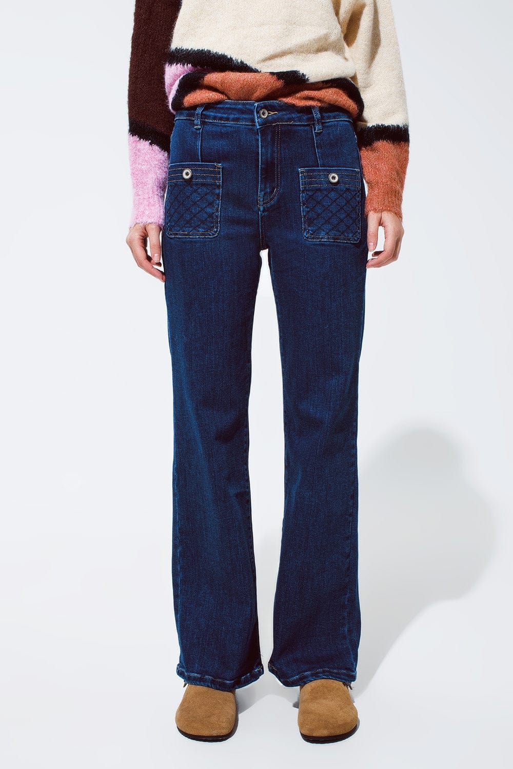 Q2 Women's Jean Blue Jeans With Buttoned Pocket Details In Dark Wash