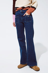 Q2 Women's Jean Blue Jeans With Buttoned Pocket Details In Dark Wash