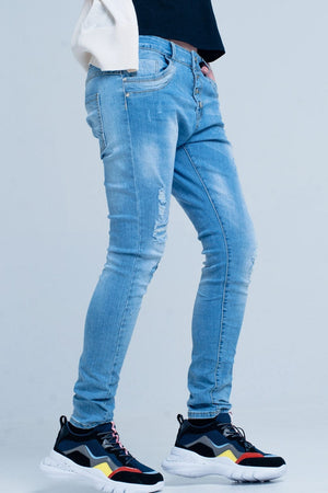 Q2 Women's Jean Blue Slashed Boyfriend Jeans