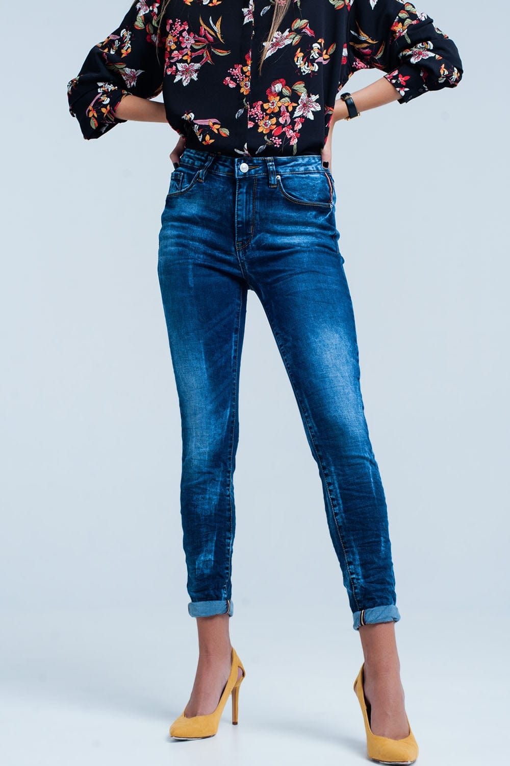 Q2 Women's Jean Blue wrinkled high-waist skinny jeans
