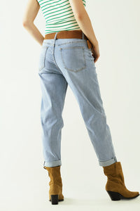 Q2 Women's Jean Boyfriend Light Blue Jeans With Stitching Details On The Edges