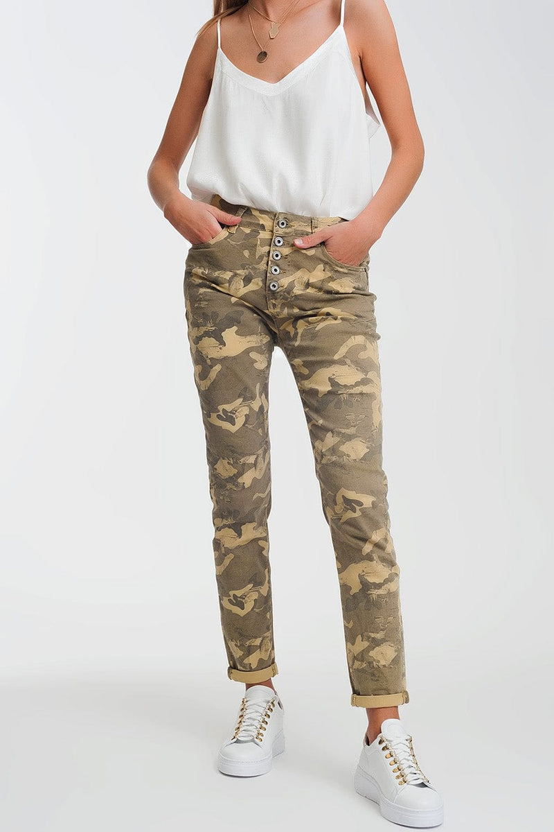 Q2 Women's Jean Boyfriend Pants with camo print