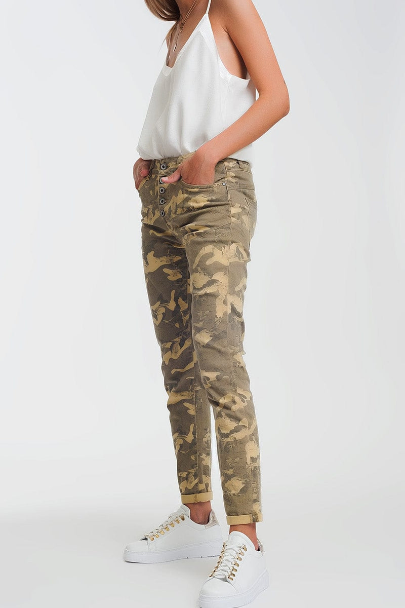 Q2 Women's Jean Boyfriend Pants with camo print