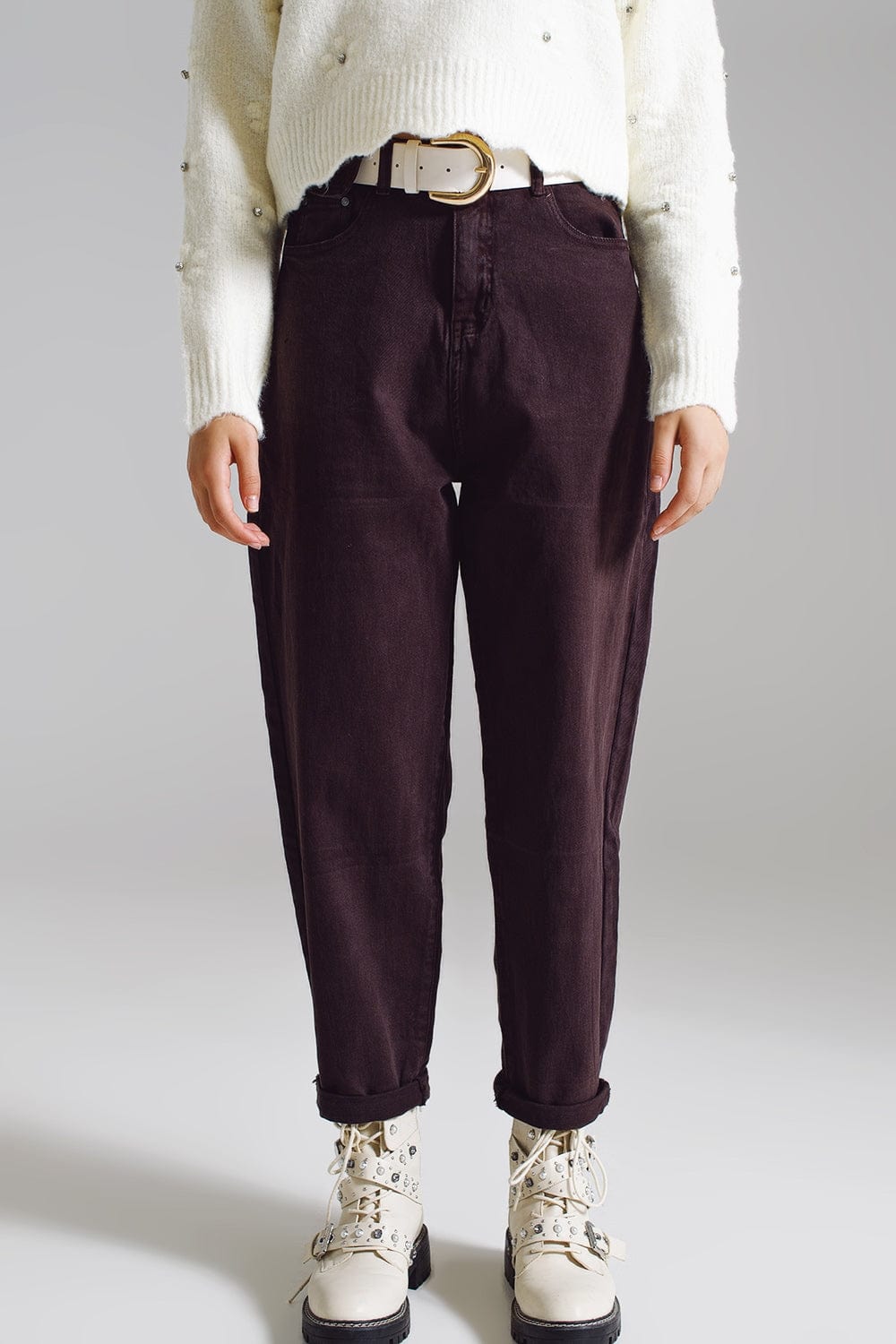 Q2 Women's Jean Brown Relaxed Pants With Pocket Detail At The Waist