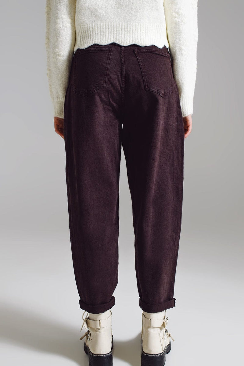 Q2 Women's Jean Brown Relaxed Pants With Pocket Detail At The Waist