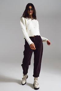 Q2 Women's Jean Brown Relaxed Pants With Pocket Detail At The Waist