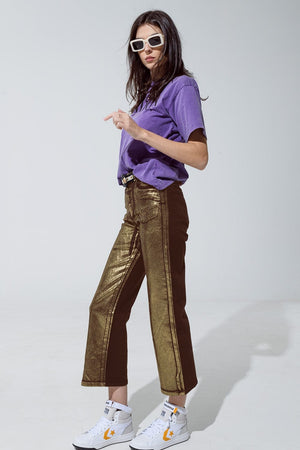 Q2 Women's Jean Brown Straight Leg Jeans With Gold Metallic Glow