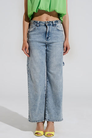 Q2 Women's Jean Cargo Style Bleached Jeans With Belt Like Strap Details At The Waist