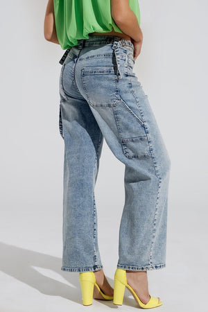 Q2 Women's Jean Cargo Style Bleached Jeans With Belt Like Strap Details At The Waist