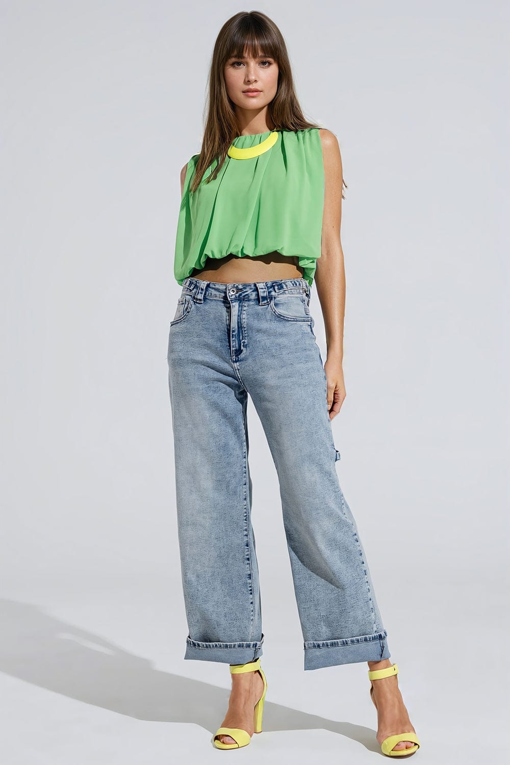 Q2 Women's Jean Cargo Style Bleached Jeans With Belt Like Strap Details At The Waist