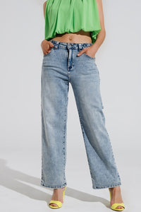 Q2 Women's Jean Cargo Style Bleached Jeans With Belt Like Strap Details At The Waist