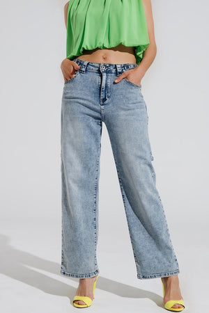 Q2 Women's Jean Cargo Style Bleached Jeans With Belt Like Strap Details At The Waist