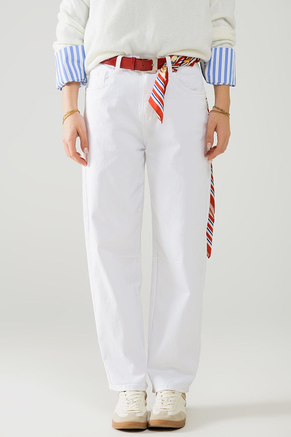 Q2 Women's Jean Comfortable Stretch Jeans With Barrel Leg In White