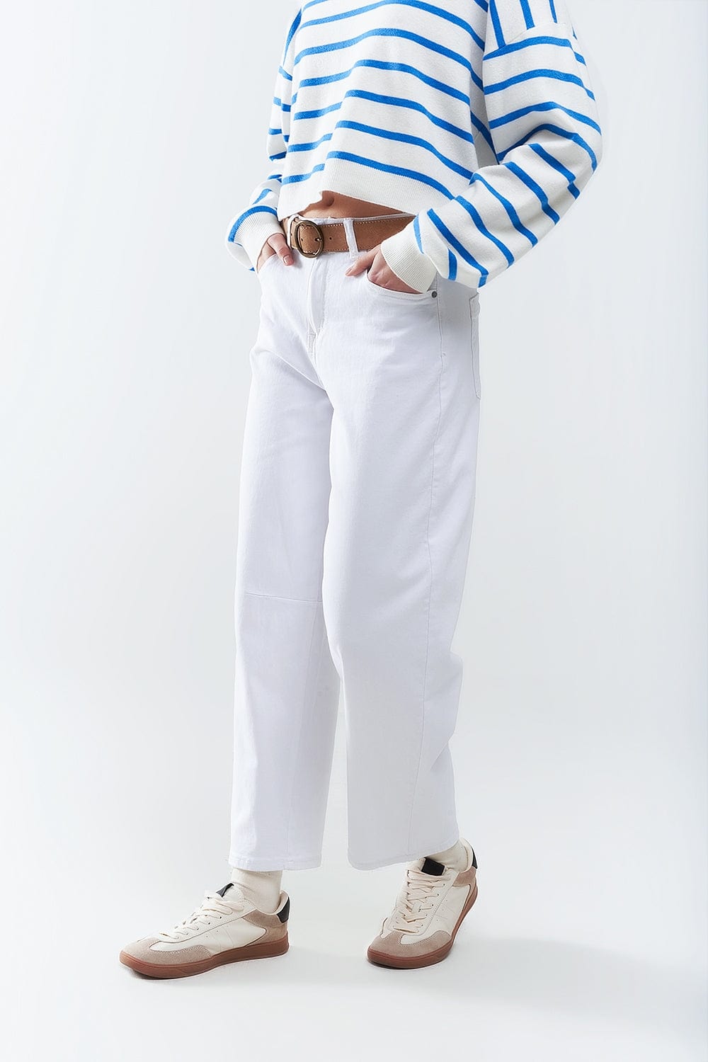 Q2 Women's Jean Comfortable Stretch Jeans With Barrel Leg In White