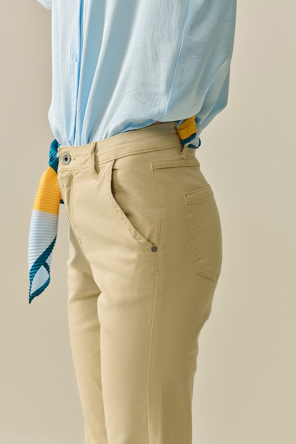 Q2 Women's Jean Comfy Stretcy Beige Flared Pants
