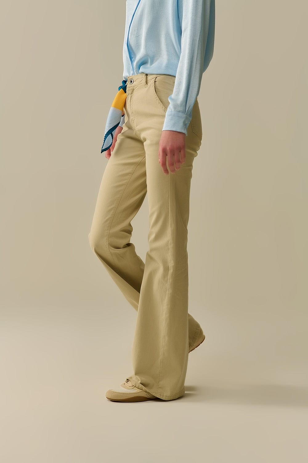 Q2 Women's Jean Comfy Stretcy Beige Flared Pants