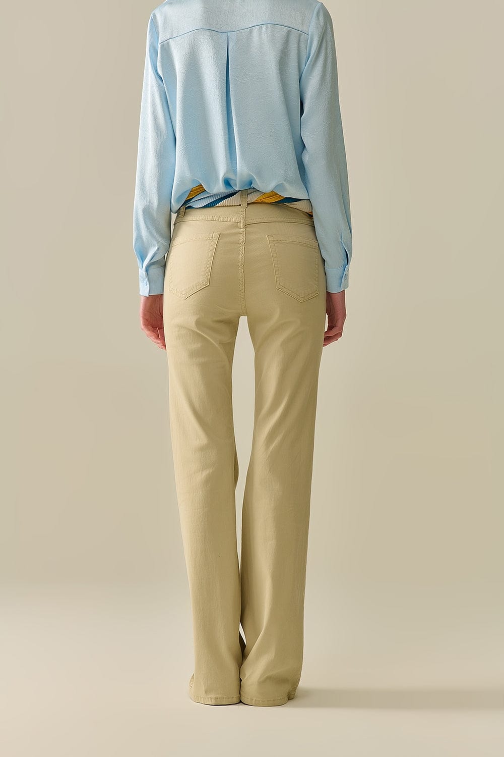 Q2 Women's Jean Comfy Stretcy Beige Flared Pants