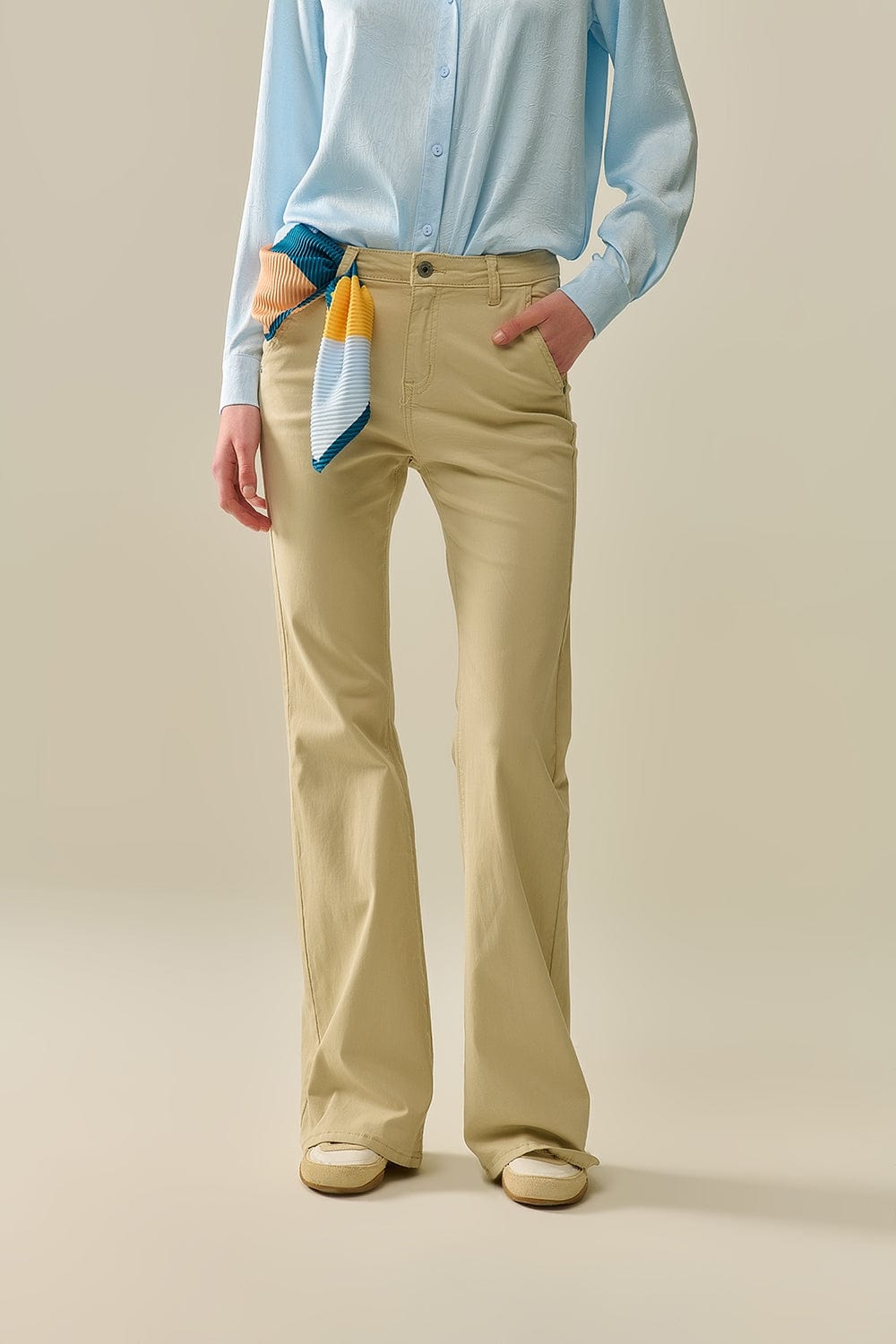 Q2 Women's Jean Comfy Stretcy Beige Flared Pants