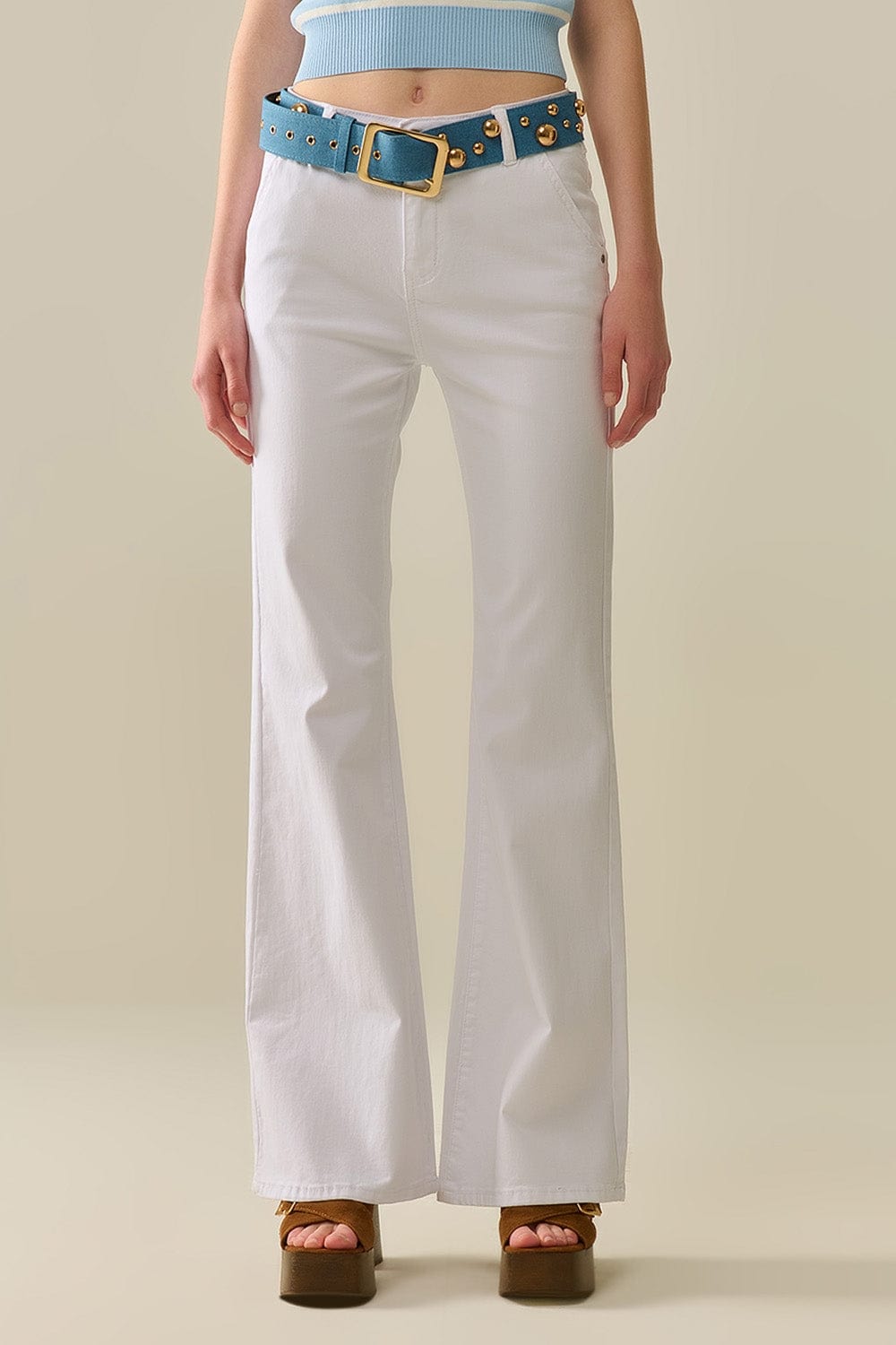 Q2 Women's Jean Comfy Stretcy White Flared Pants