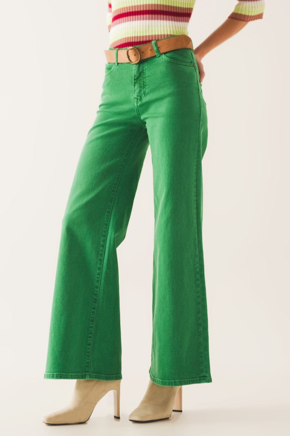 Q2 Women's Jean Cotton Blend Wide Leg Jeans in Green