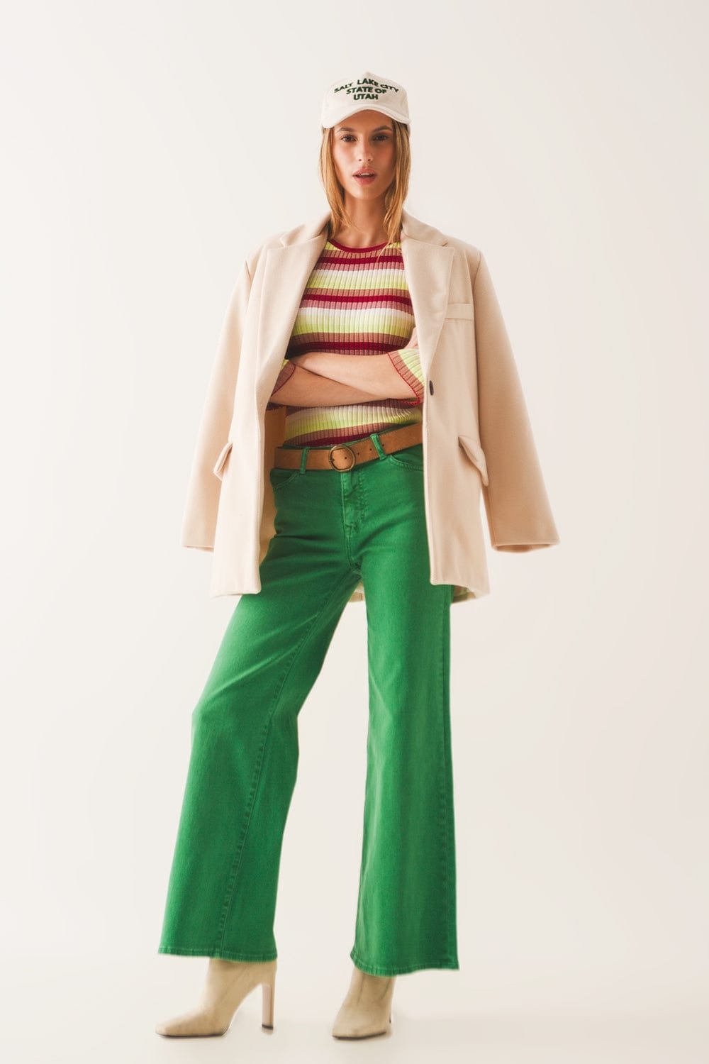 Q2 Women's Jean Cotton Blend Wide Leg Jeans in Green