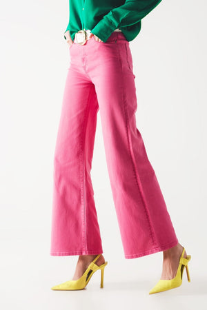 Q2 Women's Jean Cotton Blend Wide Leg Jeans in Pink
