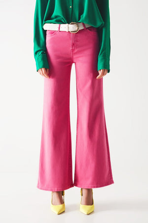 Q2 Women's Jean Cotton Blend Wide Leg Jeans in Pink