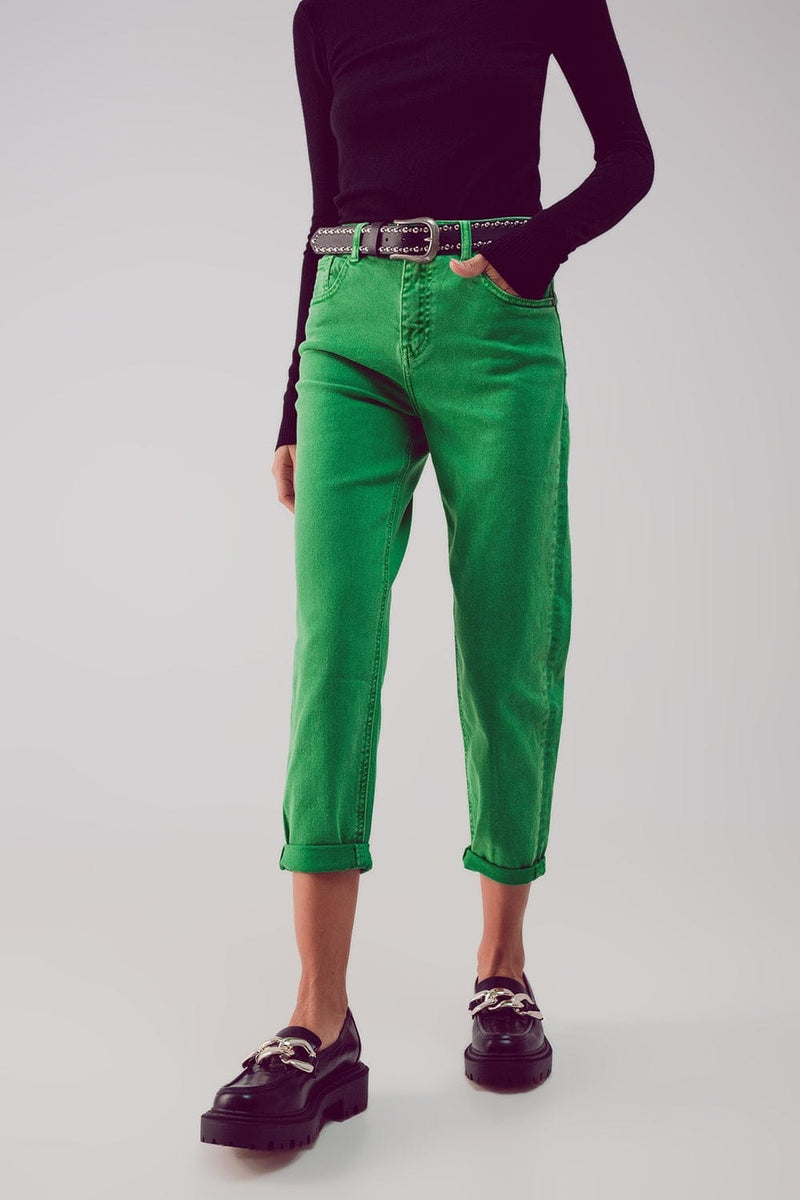 Q2 Women's Jean Cotton Mid Rise Slouchy Jean in Green