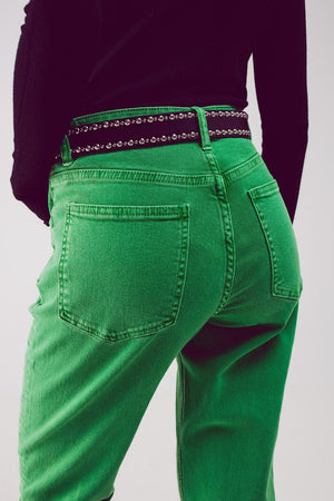 Q2 Women's Jean Cotton Mid Rise Slouchy Jean in Green