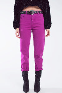 Q2 Women's Jean Cotton Mid Rise Slouchy Jean In Magenta