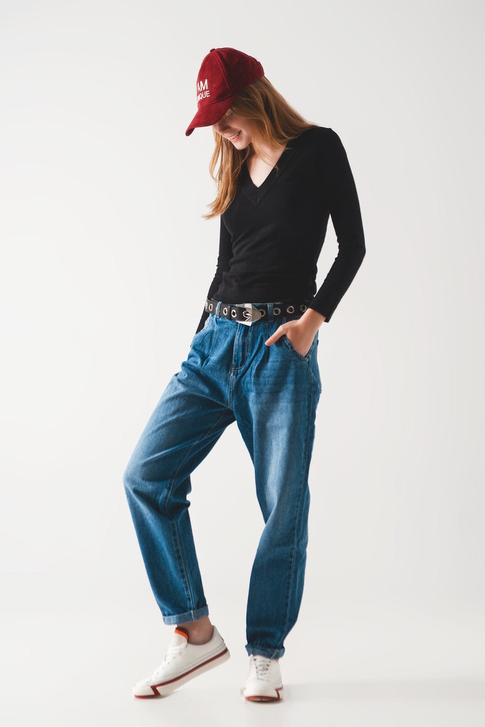Q2 Women's Jean Cotton Skater Tapered Carpenter Jeans in Mid Wash