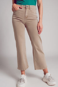 Q2 Women's Jean Cropped Wide Leg Jeans In Beige Color