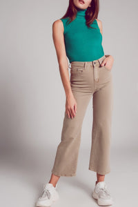 Q2 Women's Jean Cropped Wide Leg Jeans In Beige Color