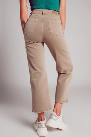 Q2 Women's Jean Cropped Wide Leg Jeans In Beige Color