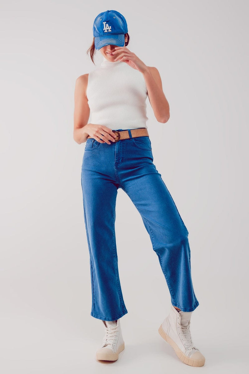 Q2 Women's Jean Cropped Wide Leg Jeans in Blue