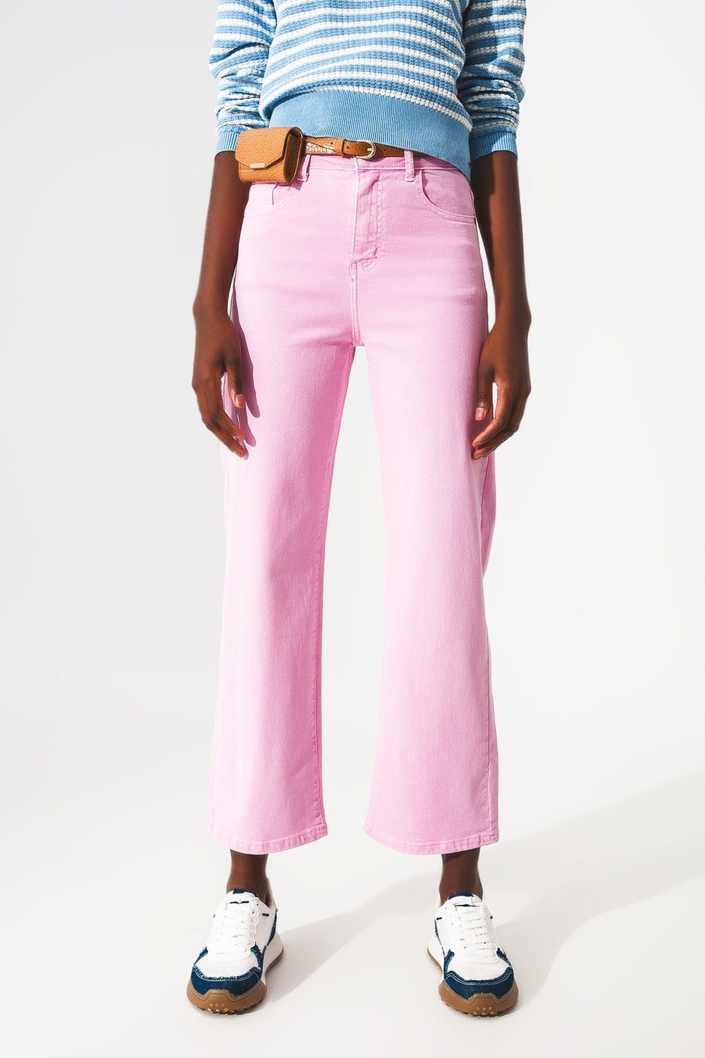 Q2 Women's Jean Cropped Wide Leg Jeans In Bubblegum Pink