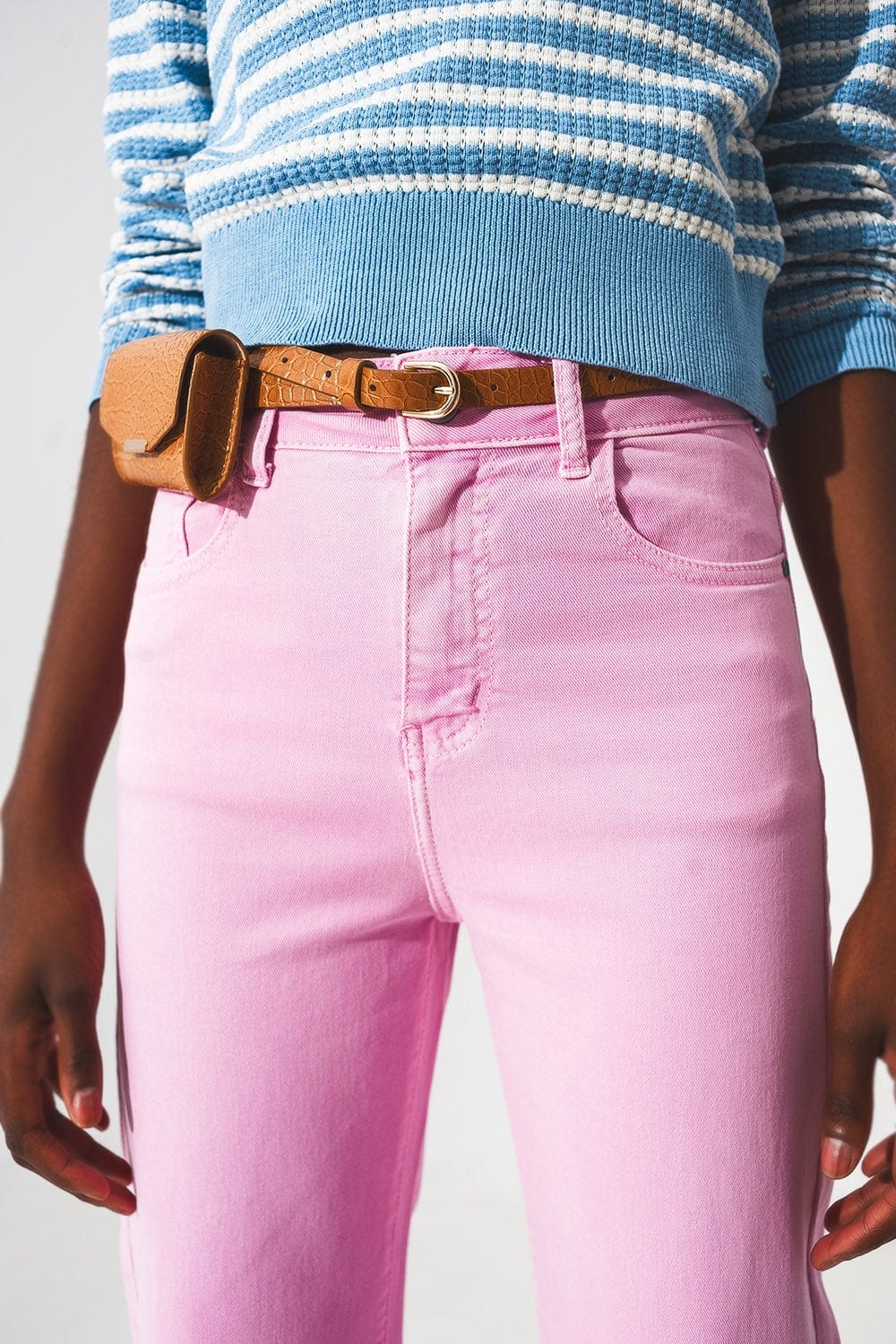 Q2 Women's Jean Cropped Wide Leg Jeans In Bubblegum Pink