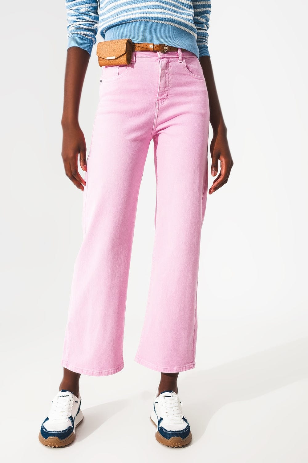 Q2 Women's Jean Cropped Wide Leg Jeans In Bubblegum Pink