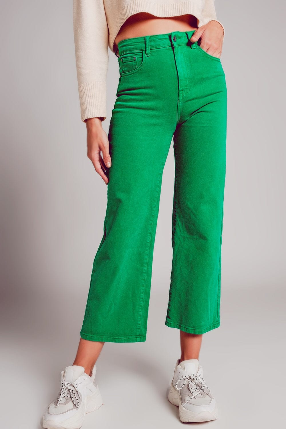 Q2 Women's Jean Cropped Wide Leg Jeans In Deep Green