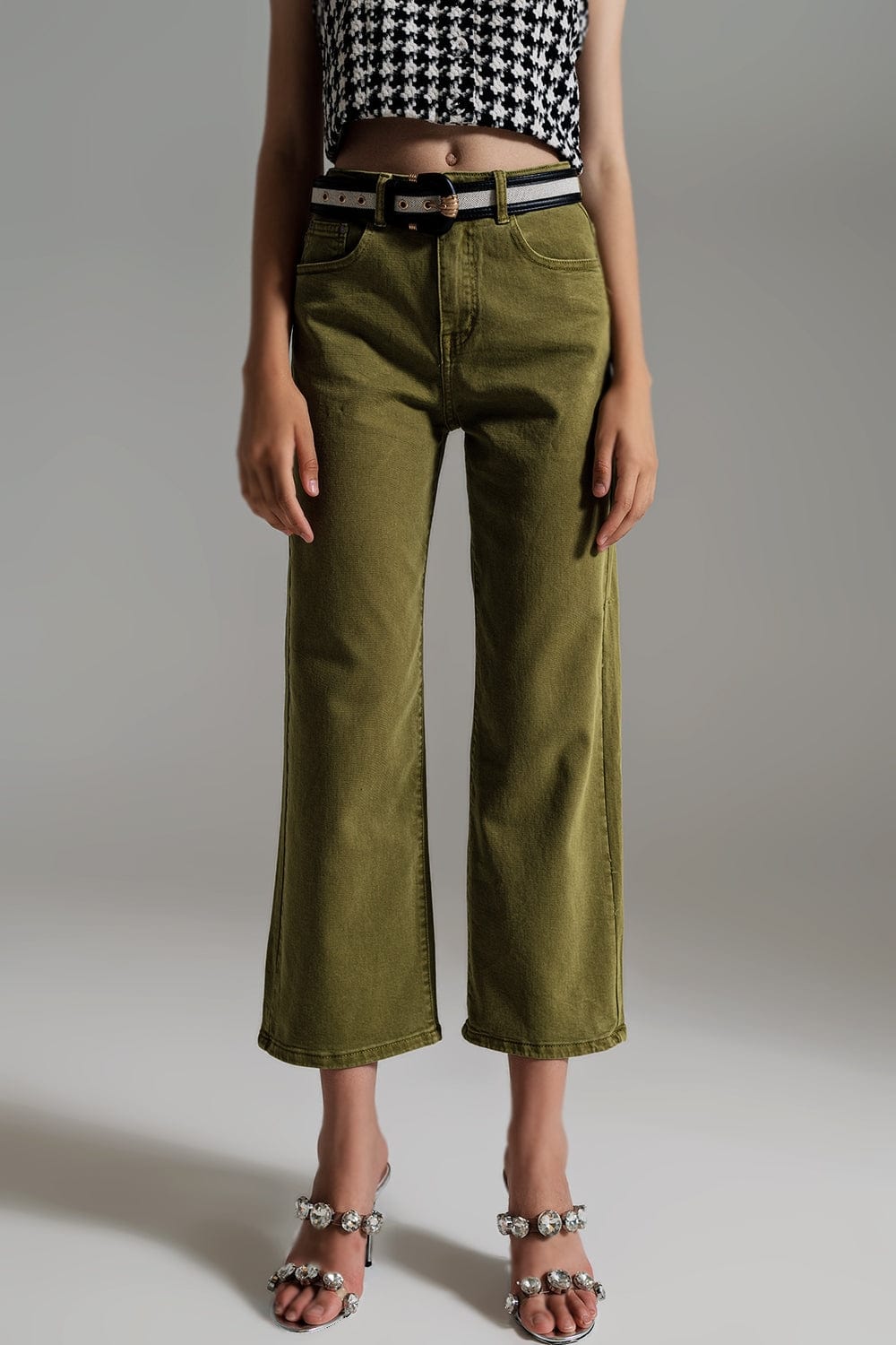 Q2 Women's Jean Cropped Wide Leg Jeans In Olive Green