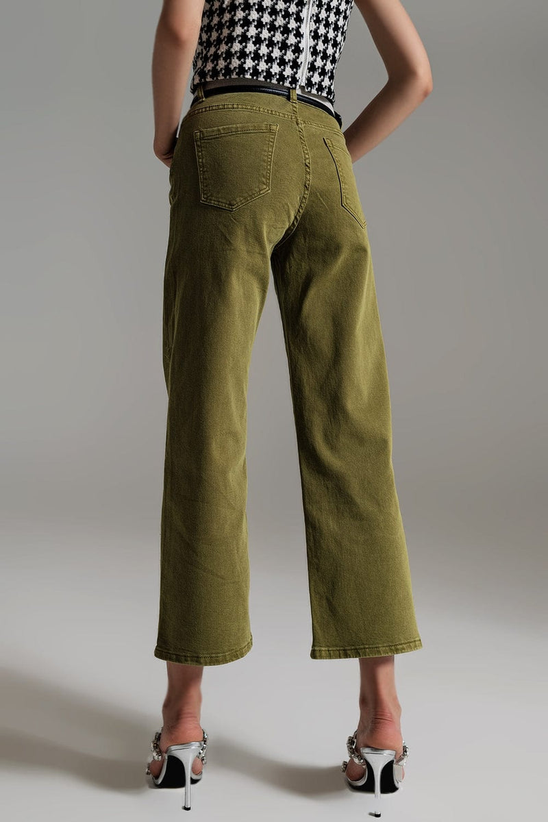 Q2 Women's Jean Cropped Wide Leg Jeans In Olive Green