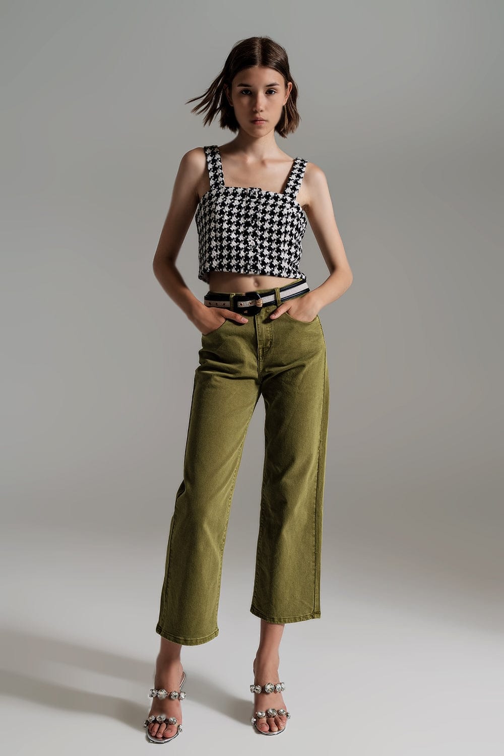 Q2 Women's Jean Cropped Wide Leg Jeans In Olive Green