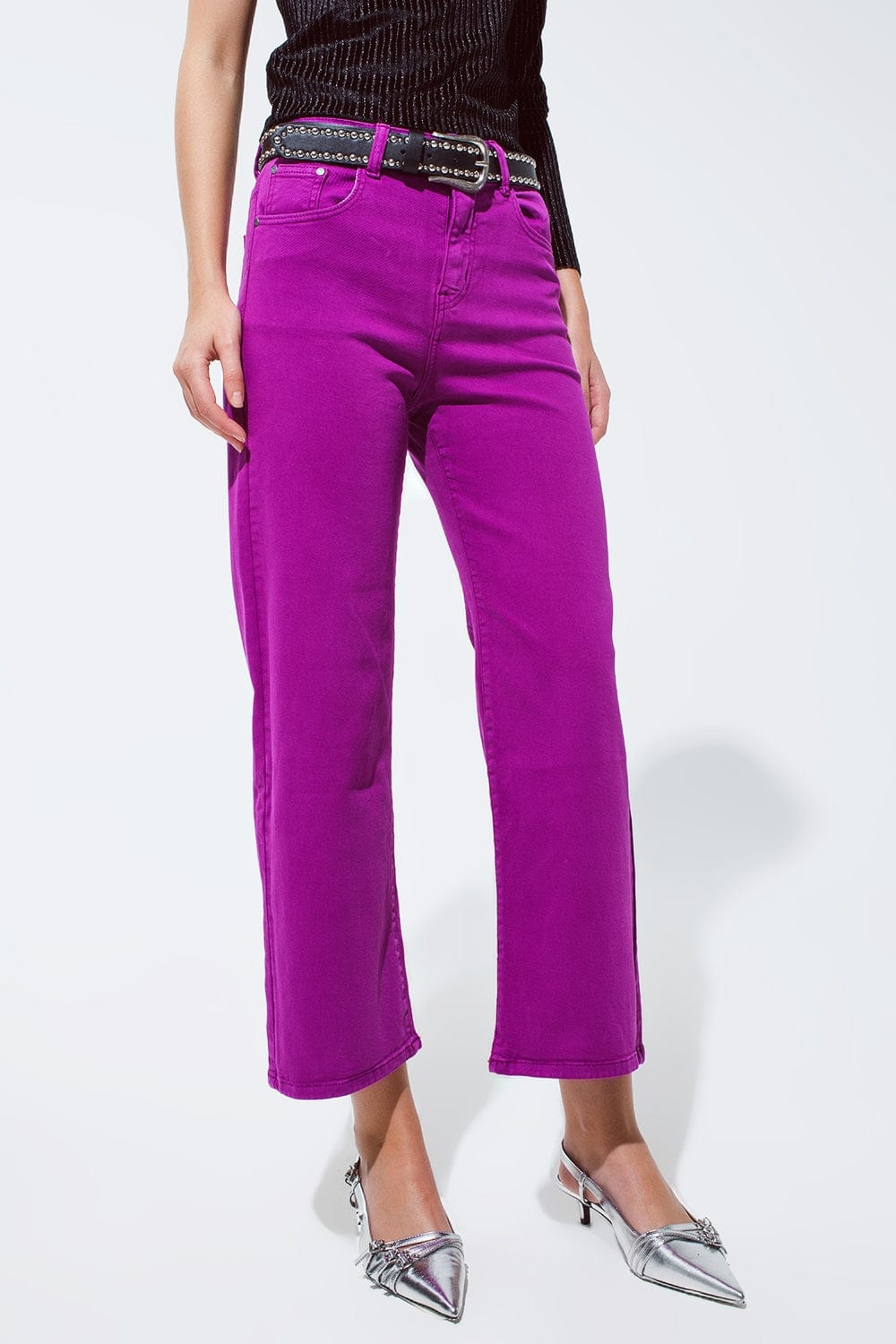 Q2 Women's Jean Cropped Wide Leg Jeans In Violet 3/4 Length