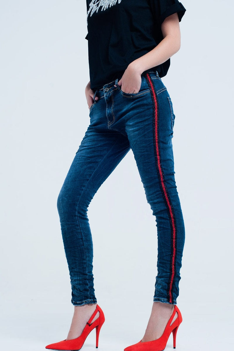 Q2 Women's Jean Dark blue boyfriend jeans with red sideband