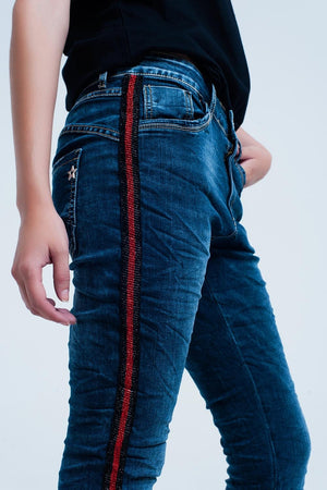 Q2 Women's Jean Dark blue boyfriend jeans with red sideband