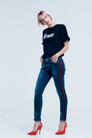 Q2 Women's Jean Dark blue boyfriend jeans with red sideband