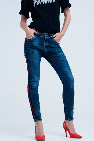 Q2 Women's Jean Dark blue boyfriend jeans with red sideband