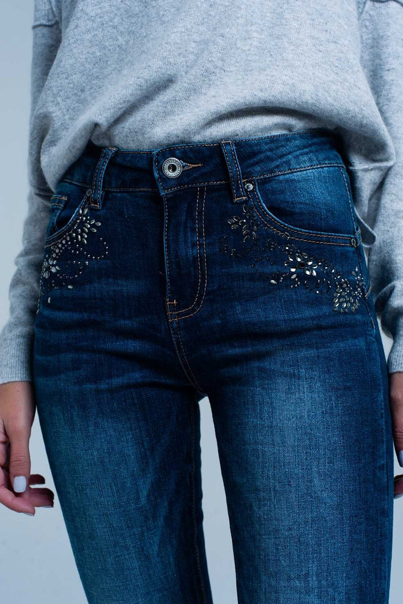 Q2 Women's Jean Dark Wash High Waist Jeans with Rhinestone Details