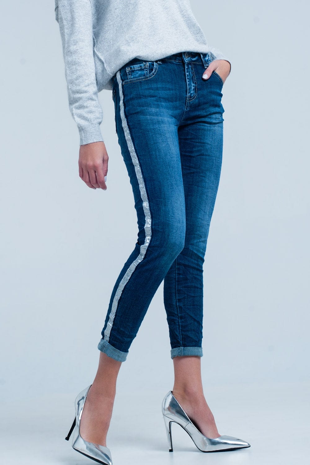 Q2 Women's Jean Dark Wash Jeans with Silver Shiny Side Stripe