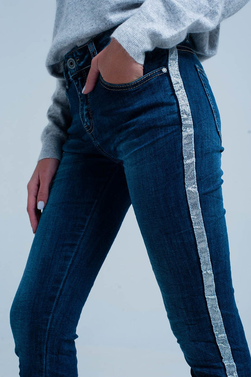 Q2 Women's Jean Dark Wash Jeans with Silver Shiny Side Stripe